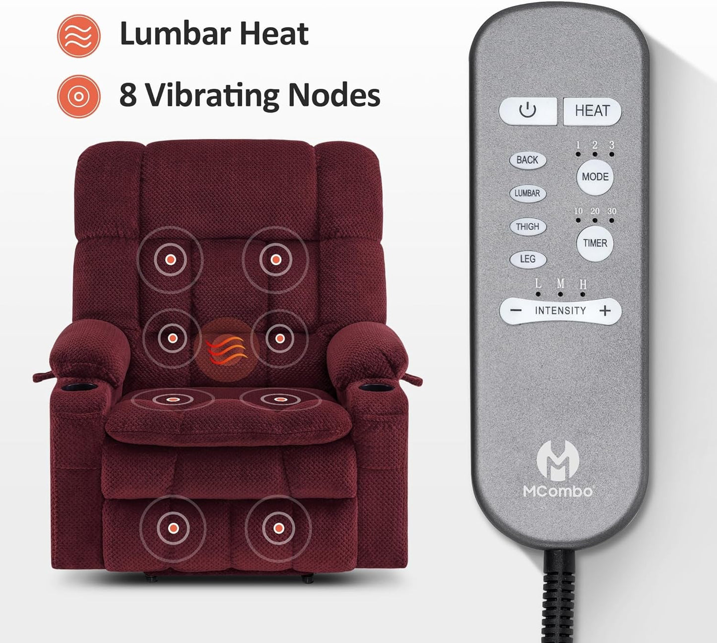 Large Dual Motor Power Lift Recliner Chair Sofa with Massage and Heat for Big Elderly People, Infinite Position, USB Ports, Fabric R7891 (Large-Wide, Burgundy)-4