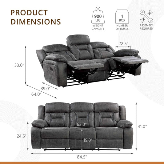 Reclining Couch, Polished Microfiber Manual Double Recliner Sofa, Gray-1