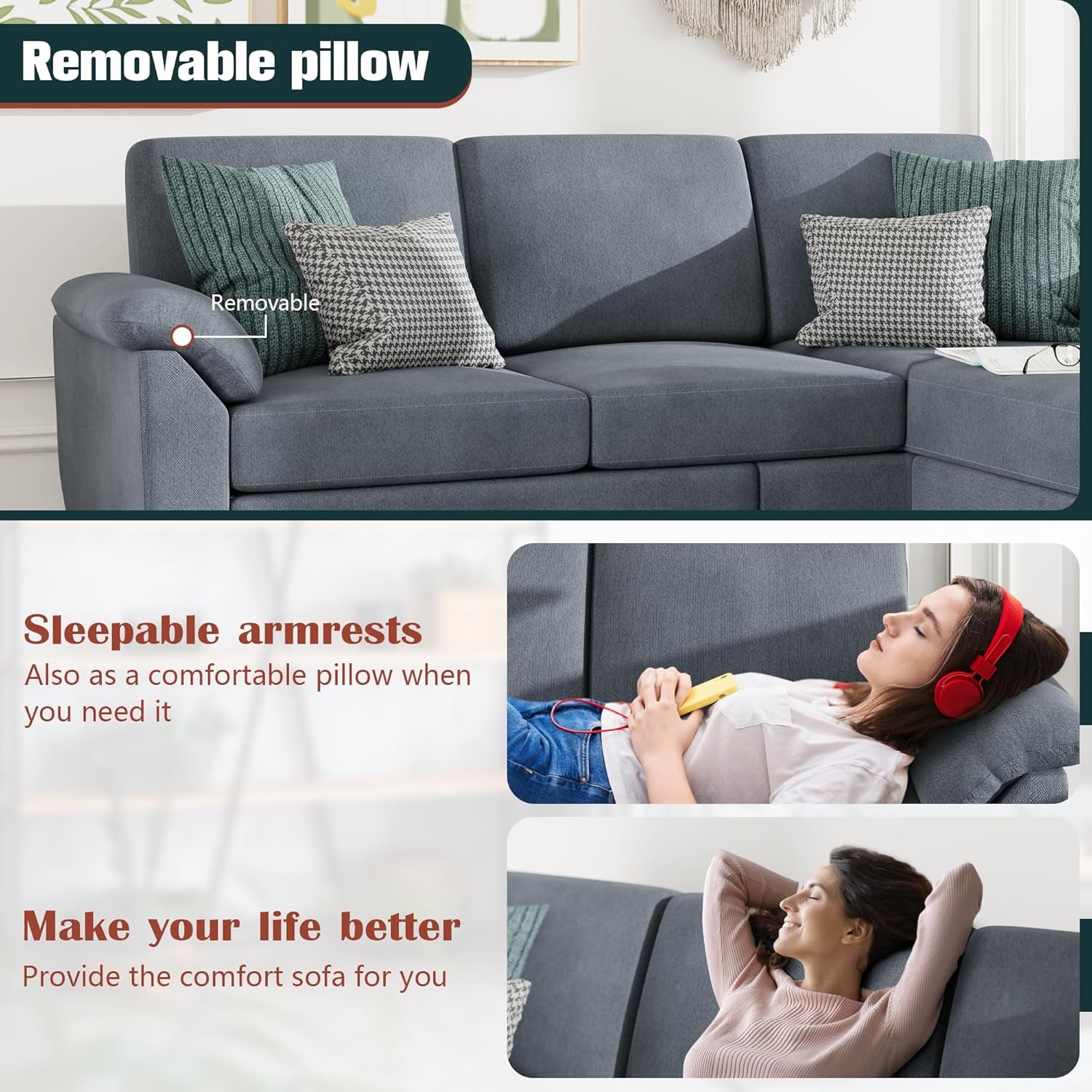 Gray Linen Sectional Sofa with Pillows-3