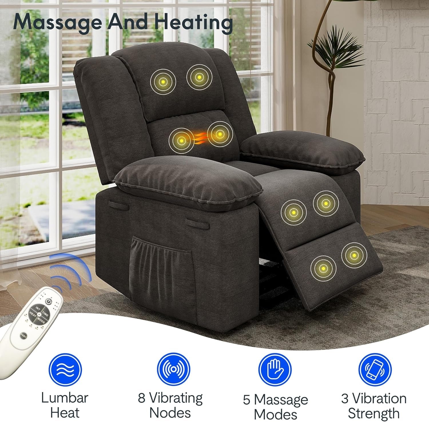 XRC2 Swivel Rocker Recliner Chair for Adults - Massage Reclining Chair W/Heat & Vibration, 270° Swivel Manual Rocking Chair Single Sofa for Living Room Bedroom (Brown)-3