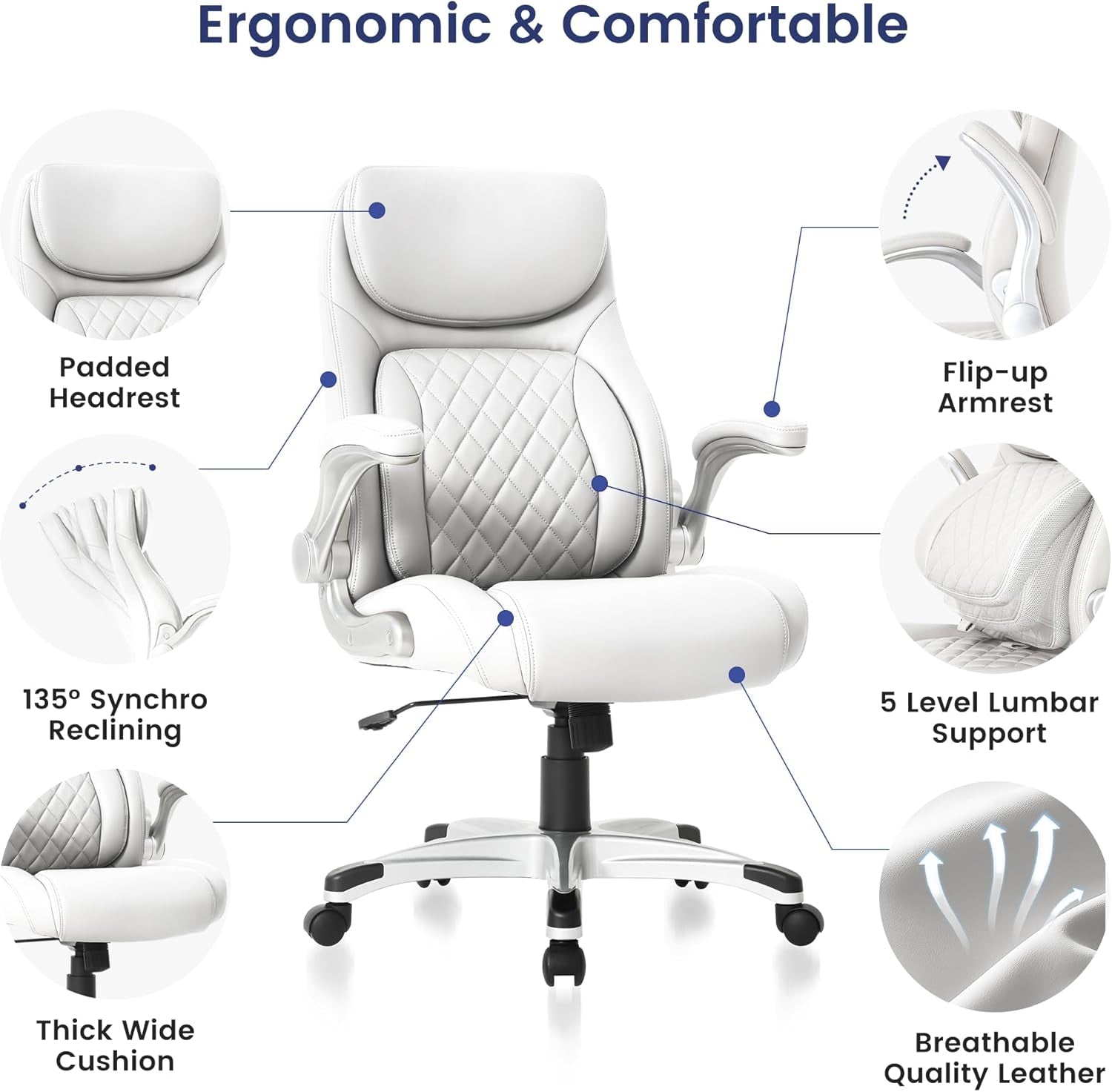 Ergonomic Office Chair Premium Microfiber Leather Adjustable Lumbar Support & Armrests, High Back Comfy Desk Gaming Chairs Executive Computer Swivel Chair Tilt Function(Posture,White)-2