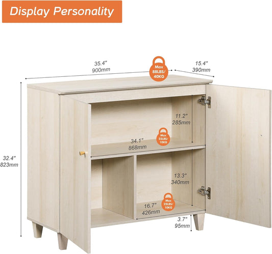 Sideboards Buffet Cabinet, 35.4" Wide Wooden Credenza Storage Cabinet with 2 Doors, Modern Kitchen Accent Cabinet with 3 Compartments for Living Room, Hallway, Light Oak-1