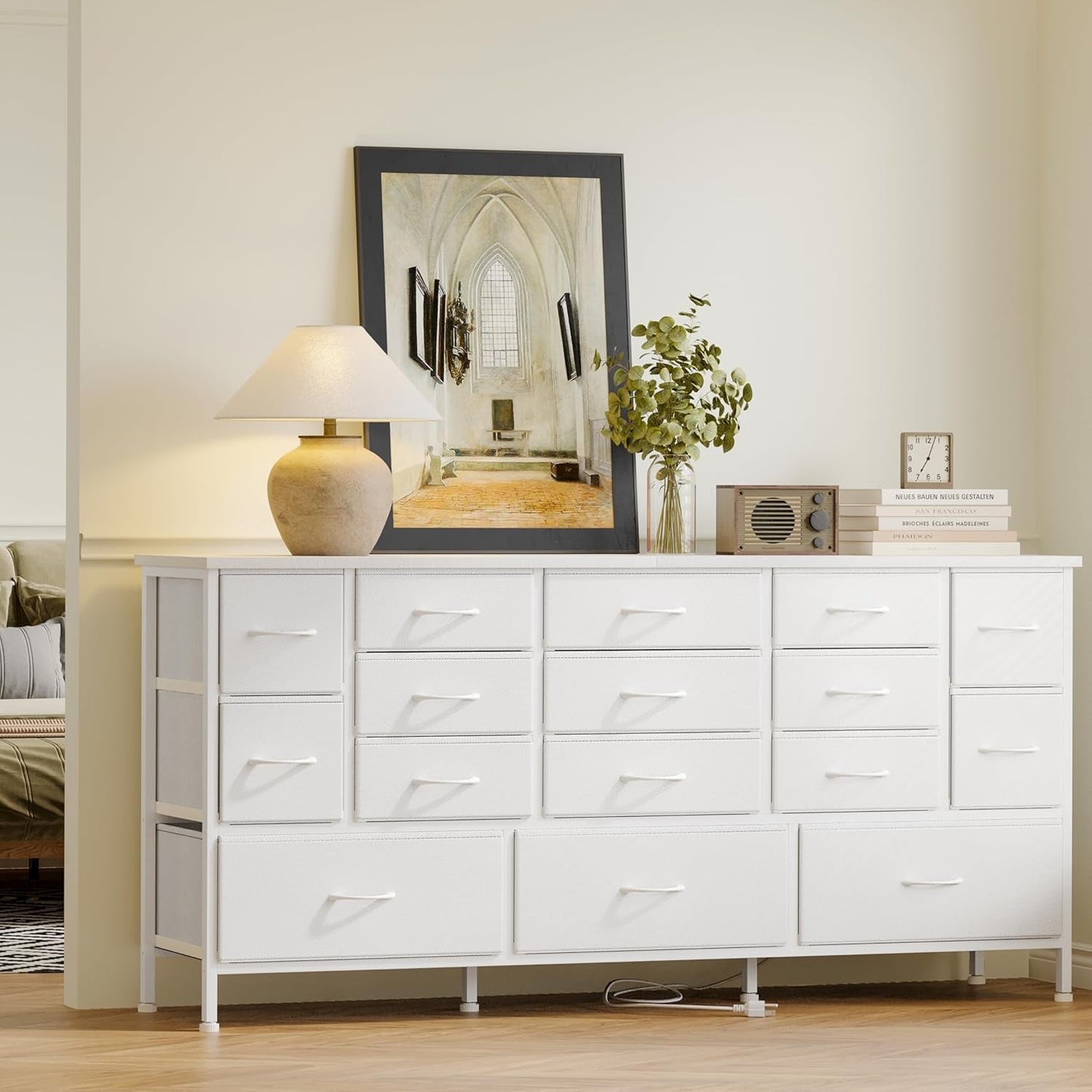 63.3 Inch Long Bedroom Dressers with Drawers Large Cabinet with Power Outlets Bedroom TV Stand with Storage, Fabric Dresser for Girl Bedroom with 16 Drawers, White-0