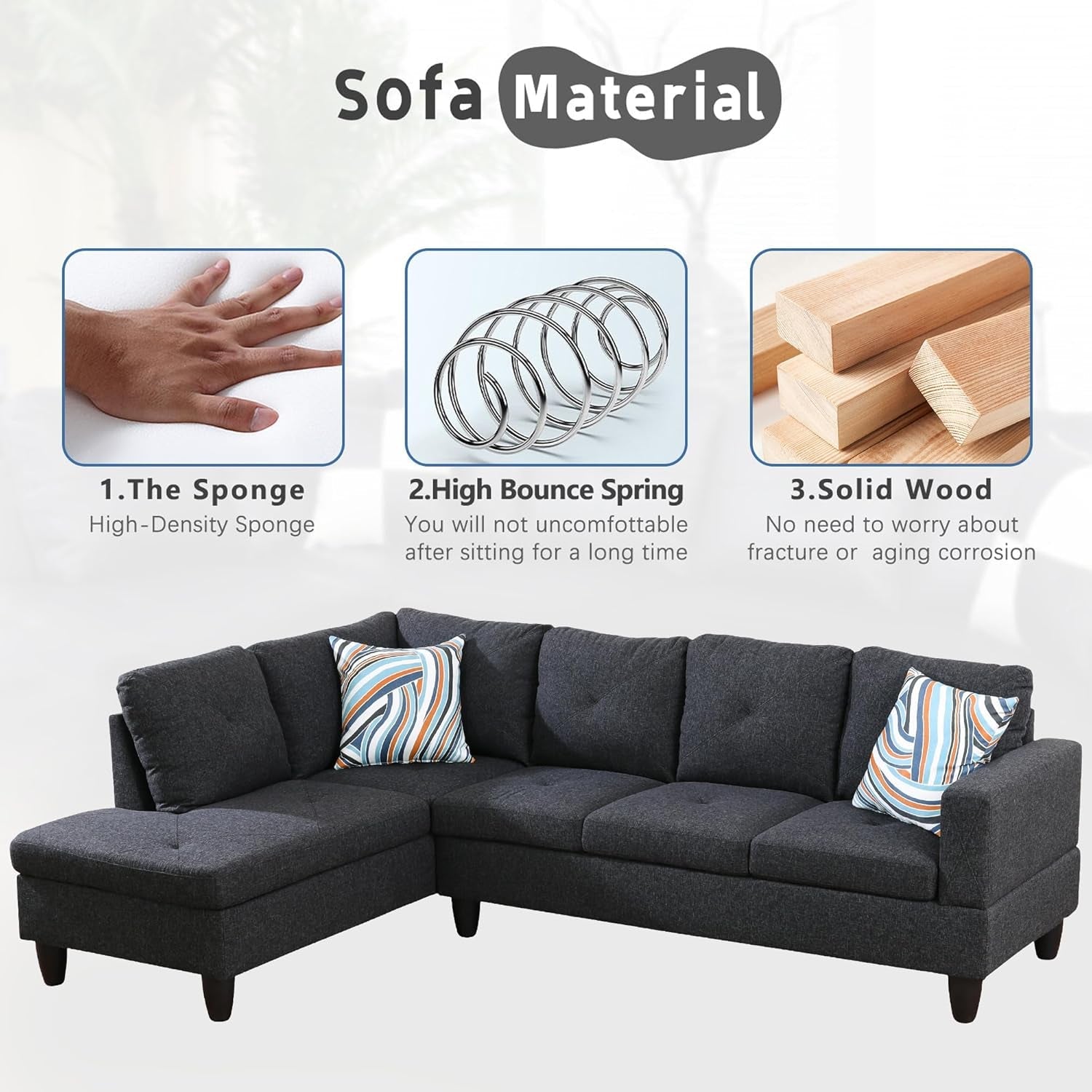 L-Shaped Sectional Sofa Set Luxurious Flannelette 5-Seat Couches, Durable and Comfortable, Space-Saving Design Perfect for Modern Living Room, Apartment, Black Grey-4