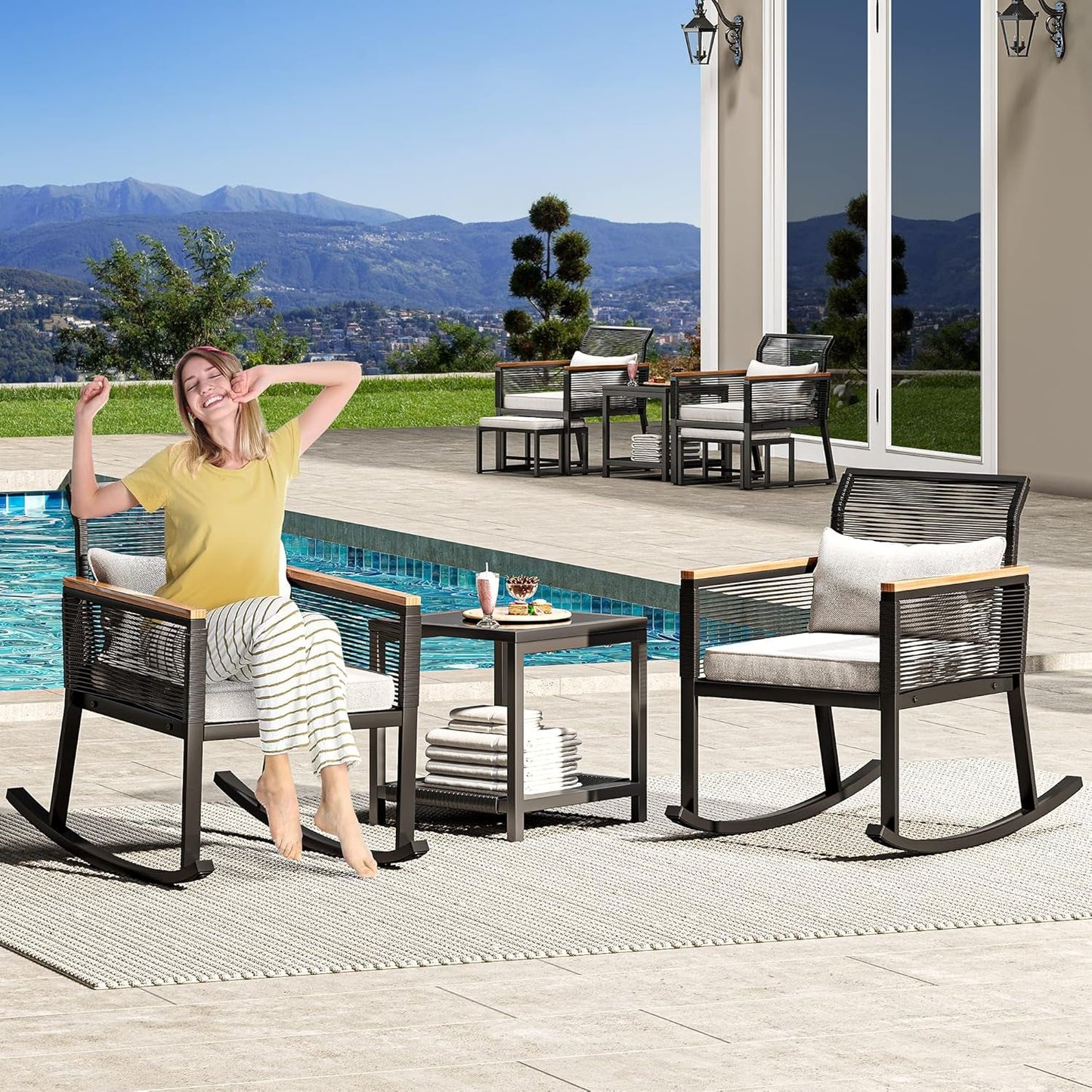 Outdoor Wicker Rocker Bistro Set with Wood Arms-2