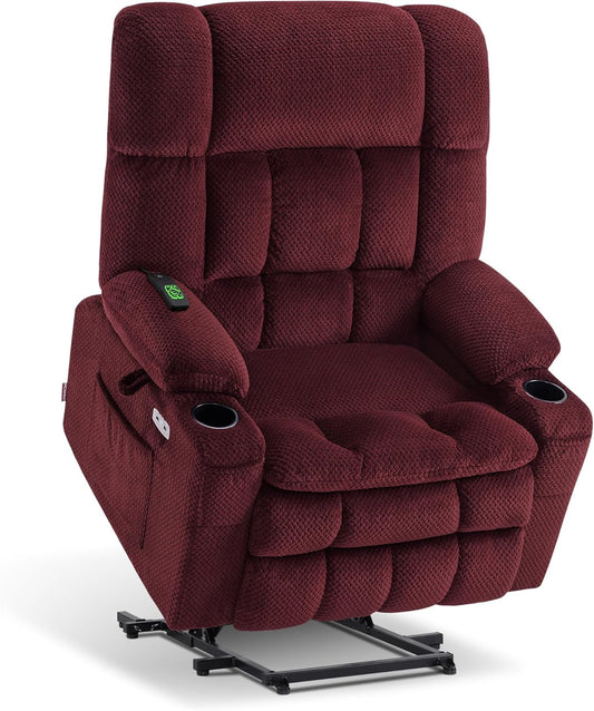 Large Dual Motor Power Lift Recliner Chair Sofa with Massage and Heat for Big Elderly People, Infinite Position, USB Ports, Fabric R7891 (Large-Wide, Burgundy)-0