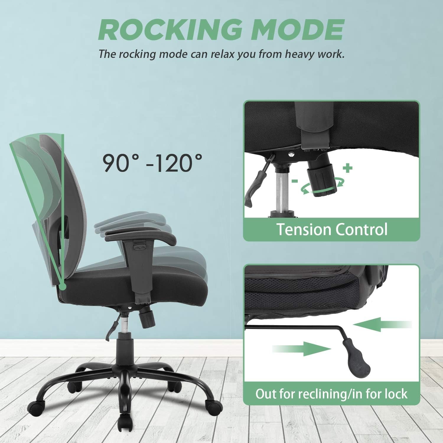 Big and Tall Office Chair 500Lbs Desk Chair Mesh Computer Chair with Lumbar Support Wide Seat Adjust Arms Rolling Swivel High Back Task Executive Ergonomic Chair for Home Office (Grey)-2