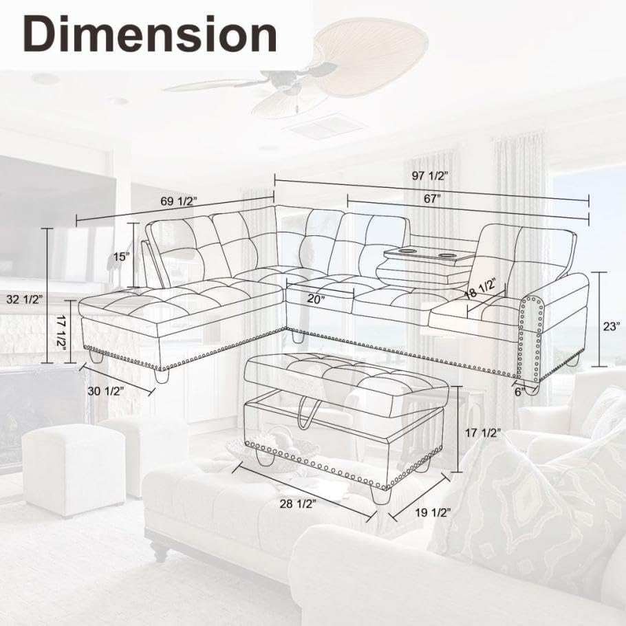Sectional Couches for Living Room Furniture Sets,L-Shaped Couch W/Cup Holders,Faux Leather Nailhead Trim Sofas with Storage Ottoman and Chaise Lounge for Small Space Apartment-Gray-2