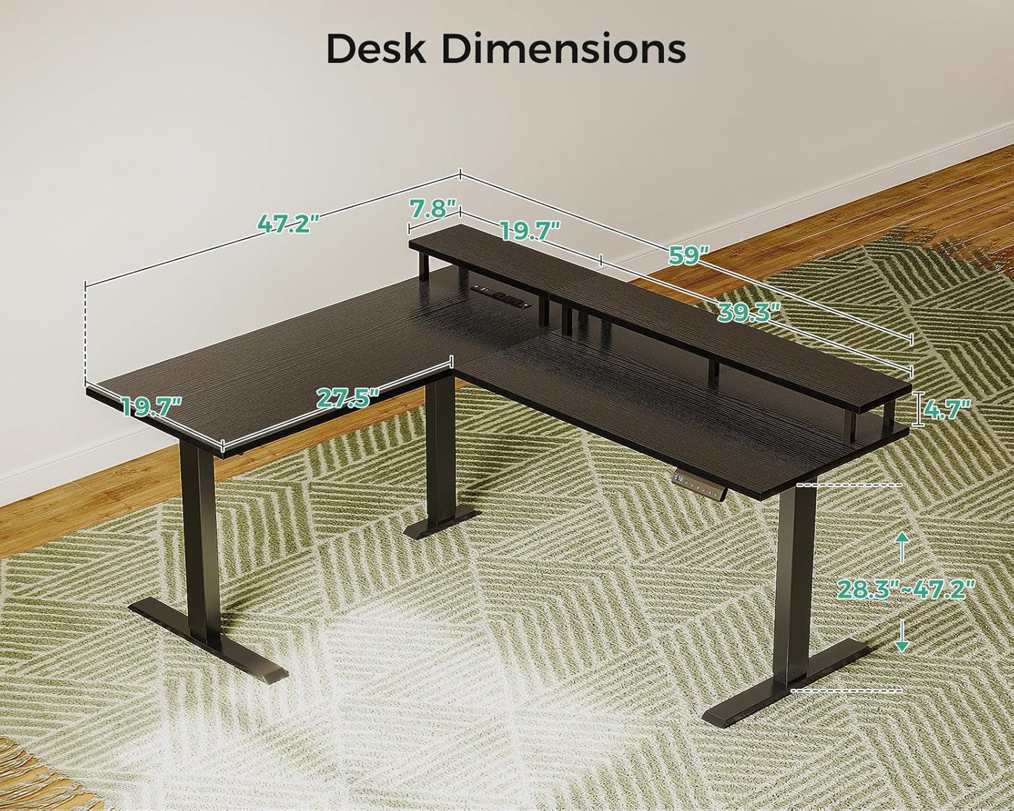 Electric L Shaped Standing Desk with Monitor Stand, 59 Inch Height Adjustable Corner Desk with Power Outlets, Large Sit Stand Table, Reversible Computer Desk for Home, Office, Black-2