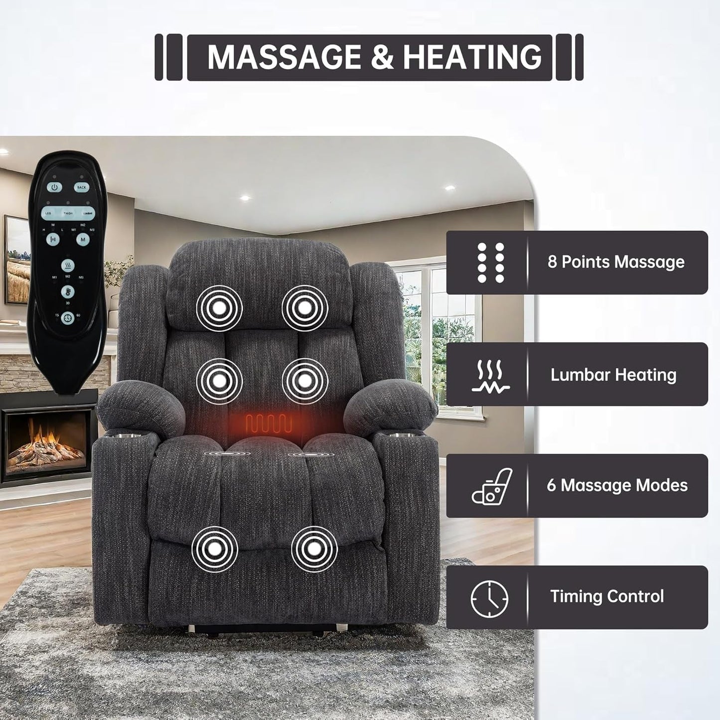 2024 Power Lift Recliner Chair with Full-Body Massage and Heat for Elderly, Hand Remote Control, Upgraded Powerful Motor, Extended Footrest, USB Ports, Stainless Steel Cup Holders, Chenille Grey-3