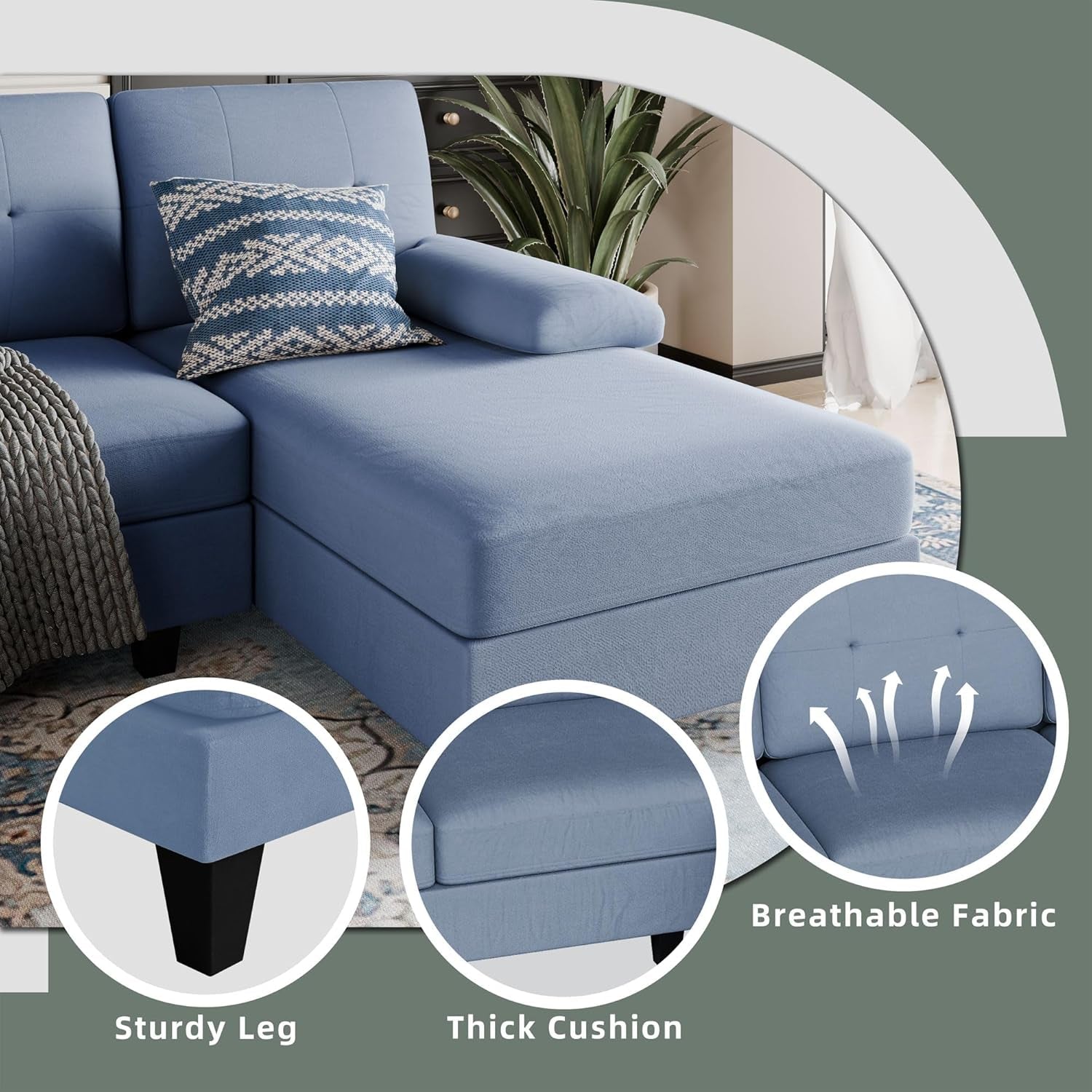 U-Shaped Sectional Sofa with Double Chaise, 4-Seat Linen Fabric Living Room Furniture Set, High-Density Cushions for Ultimate Comfort & Modern Style, Blue-2
