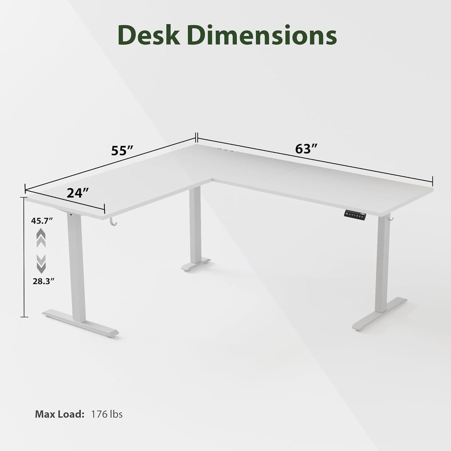 L Shaped Standing Desk Adjustable Height, Electric Corner Standing Desk, 63 X 55 Inch Sit Stand Computer Table with Splice Board, White-2