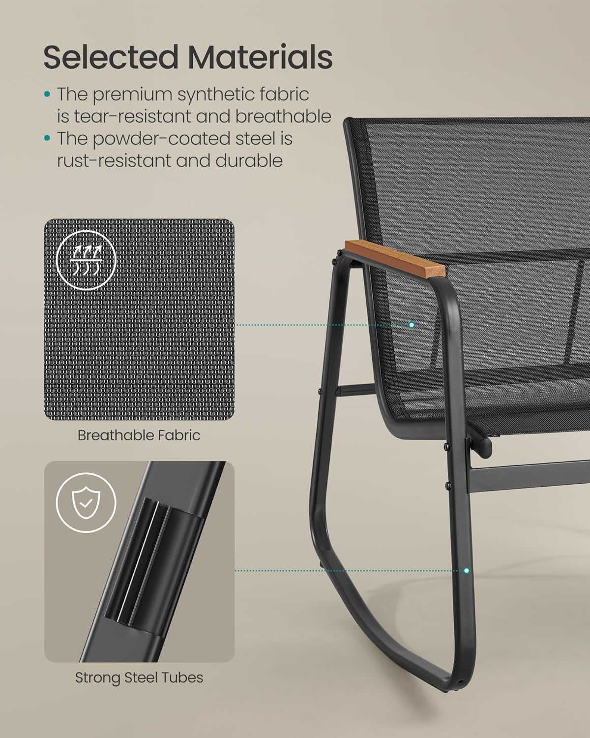 3-Piece Patio Furniture Set, Garden Coversation Set, 2 Rocking Chairs, Table, Outdoor Lawn Backyard, Steel, with Armrests, Breathable Synthetic Fabric, Ink Black UGGF0027B01-3