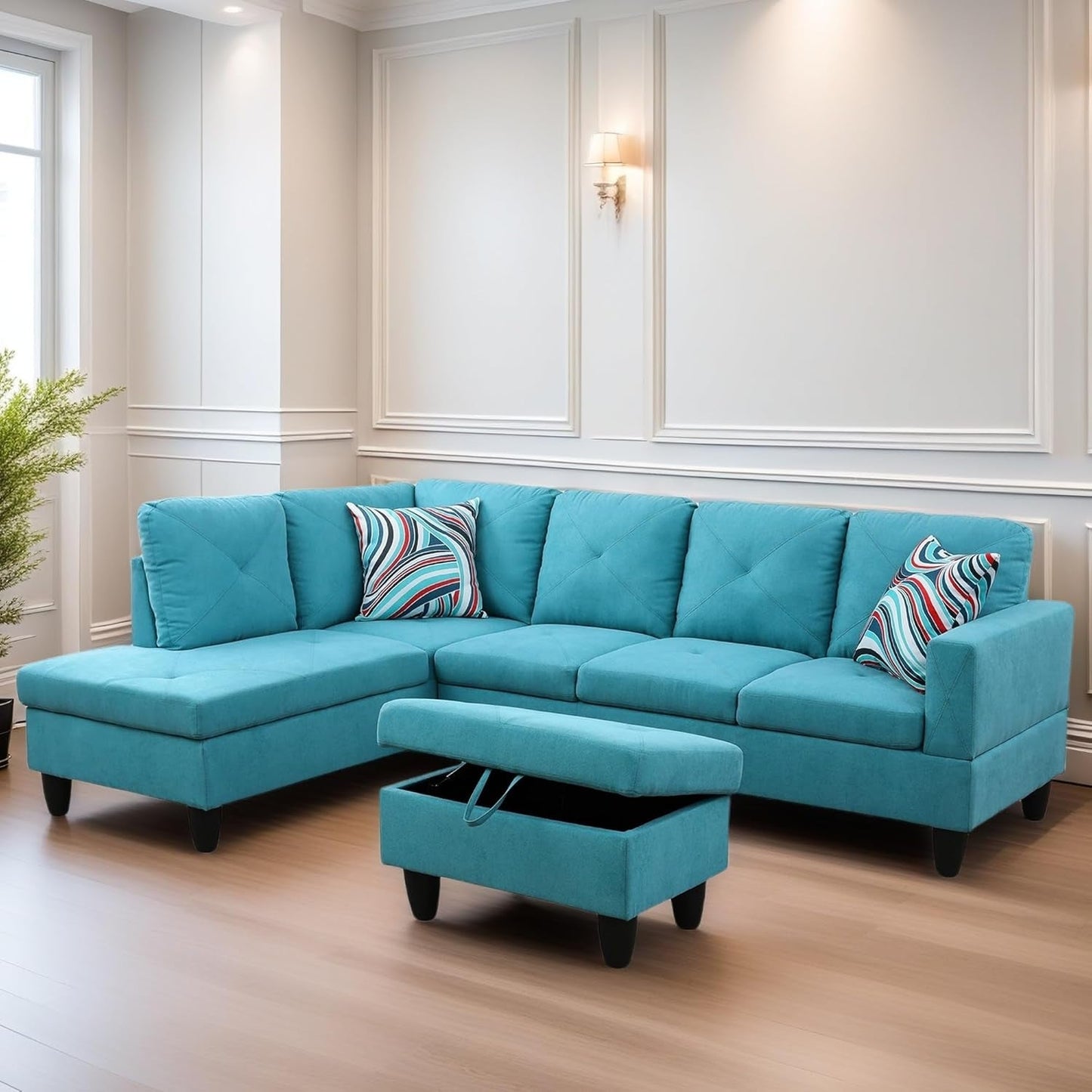 L Shaped Sectional Couch Sofa, Modern Couches for Living Room, Comfy 4 Seat Modular Sectional Sofa with Ottoman Storage for Bedroom Apartment, Blue-0