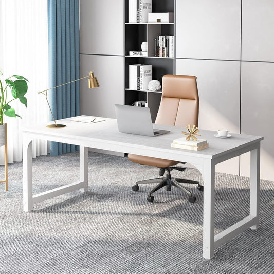 70.8”Executive Desk, Large Office Computer Desk with Thicken Frame, Modern Simple Workstation Business Furniture for Home Office, White-0