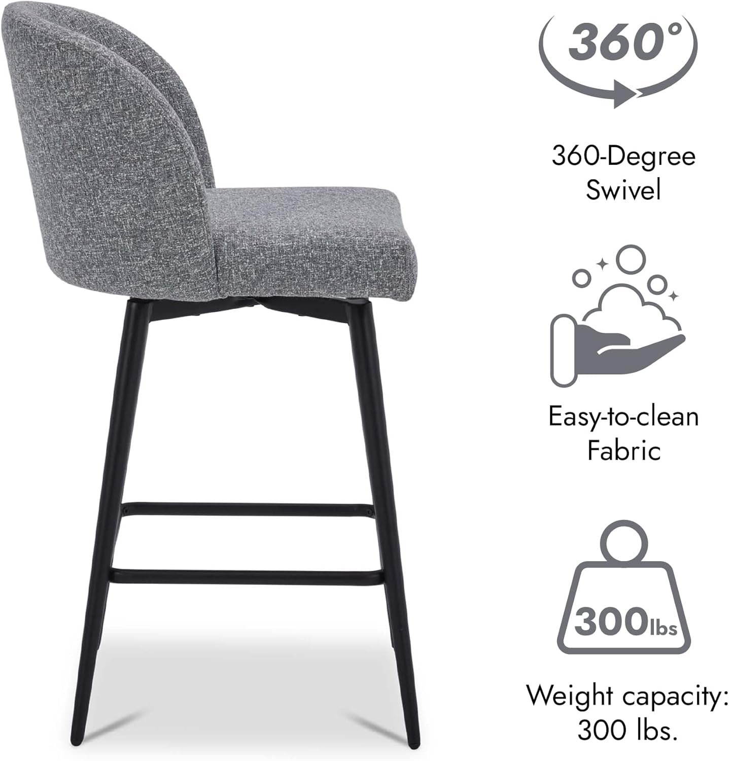 Counter Height Bar Stools Set of 3, 360° Swivel Upholstered Barstools with Backs and Metal Legs, 26" H Seat Height, Fabric in Grey (Multi-Colored)-3