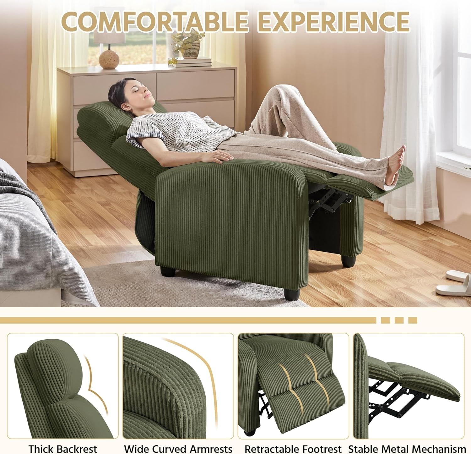 Corduroy Recliner Chair Single Sofa Home Theater Seating Adjustable Modern Reclining Chair for Living Room Bedroom Home Theater Dark Green-4