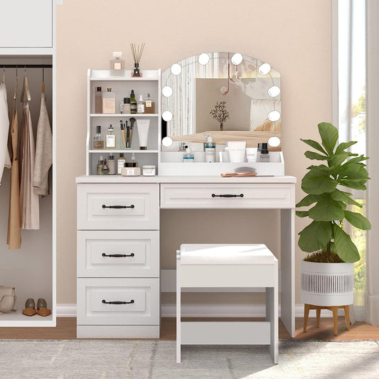 White Vanity Set with Lights and 4 Drawers-0