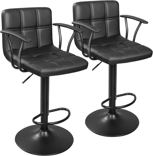 Bar Stools Set of 2, Armrest Adjustable Swivel Barstools with Back, Double Needle PU Leather Counter Height Chairs for Kitchen Lsland (Black)-0