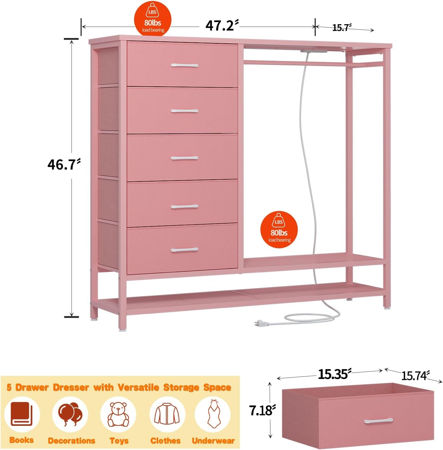 Dresser for Bedroom, Dresser with Hanging Rack Led Lights and Charging Station, Tall Dresser with 5 Fabric Chest of Drawers with PU Finish Storage Organizer, for Living Room Kids Room Closet, Pink-2
