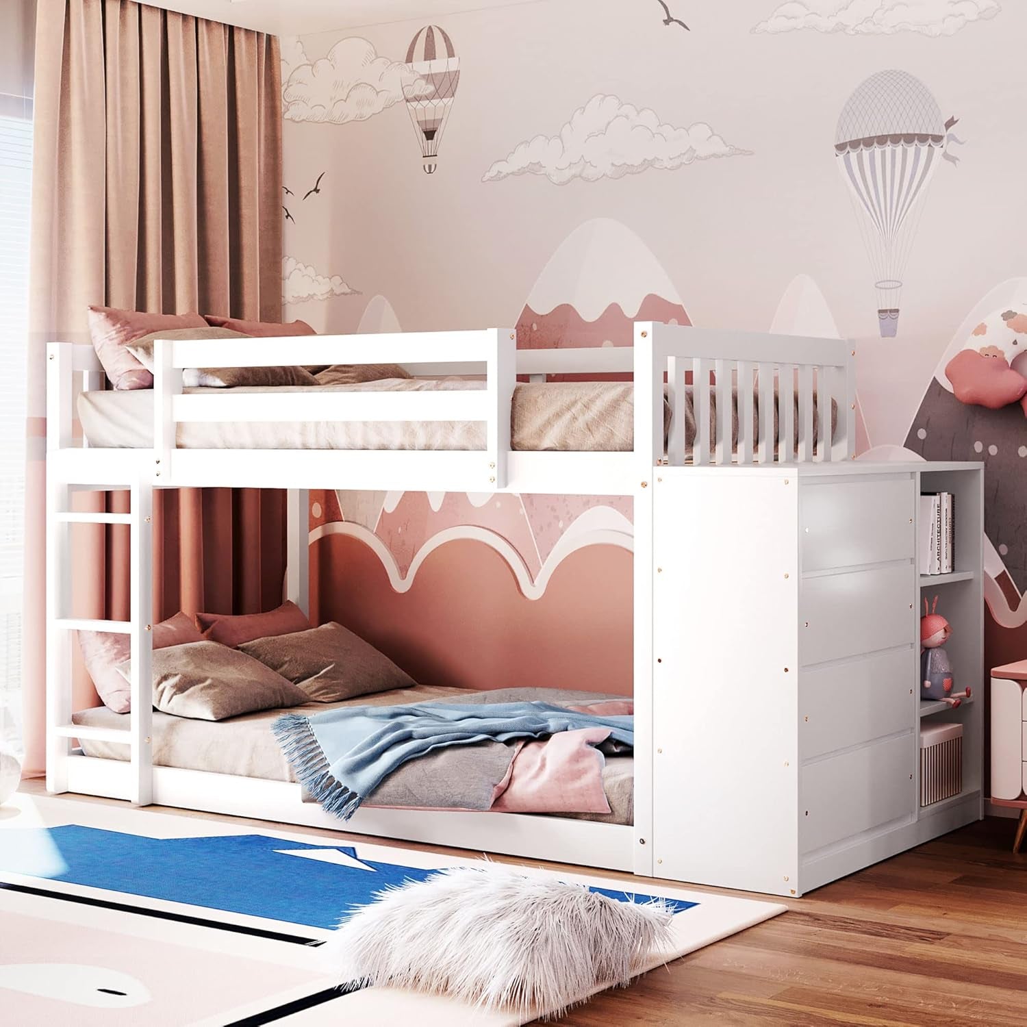 Bunk Bed Twin over Twin, Wood Floor Bunk Bed with Storage Drawers and Shelves, Low Bunk Bed Frame with Guardrails and Ladder for Kids Boys Girls Teens, No Box Spring Needed, Easy Assembly, White-3