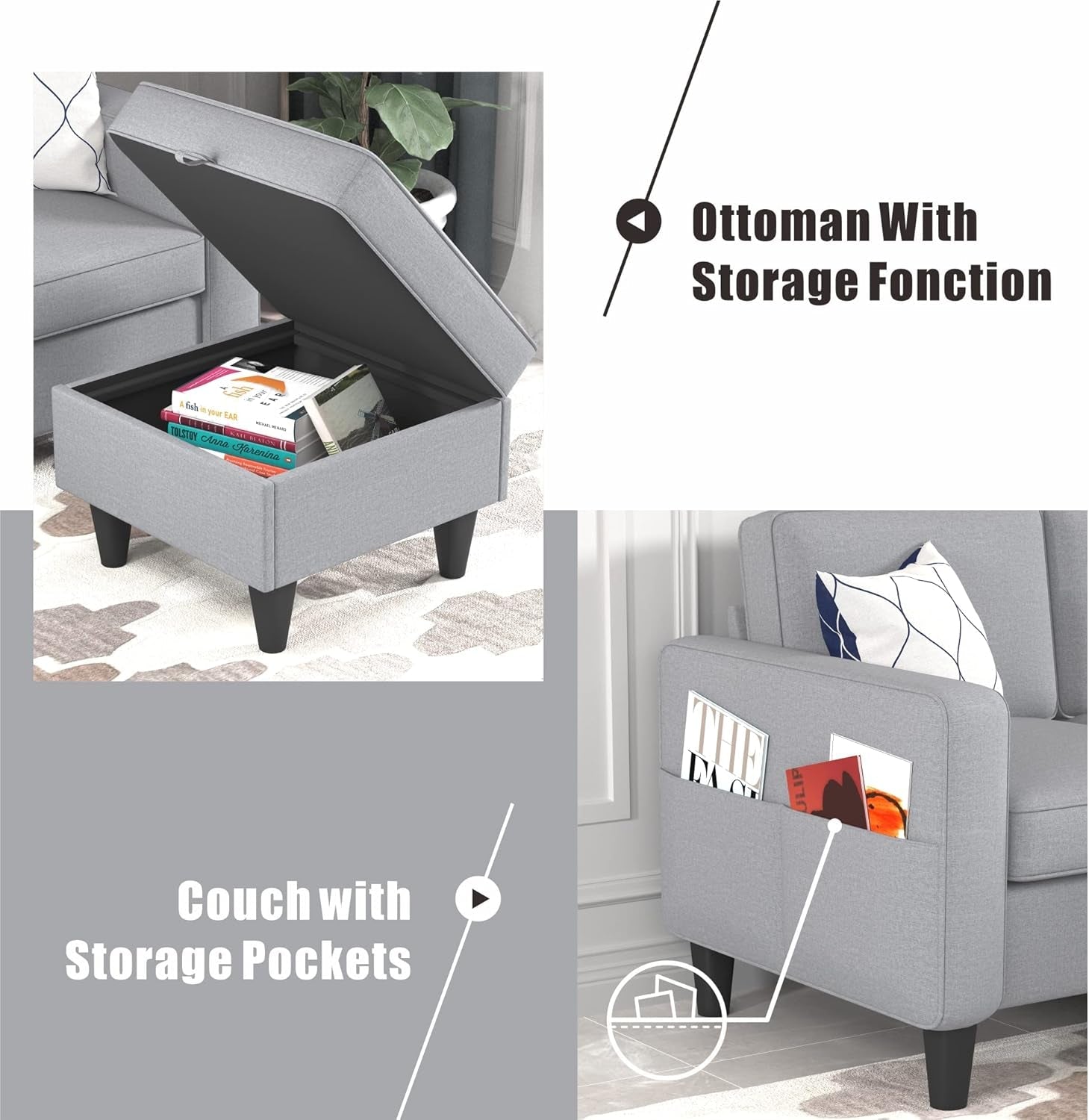 Sectional Sofa Couches for Living Room, Small Space Couch L-Shaped Sofa, 3 Seat Modern Sofas Convertible with Storage Ottoman for Small Space, Bedroom, Offices and Apartments, Light Grey-3