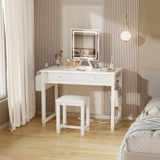 White Small Vanity Desk Mirror, Lights, Power, Chair-0