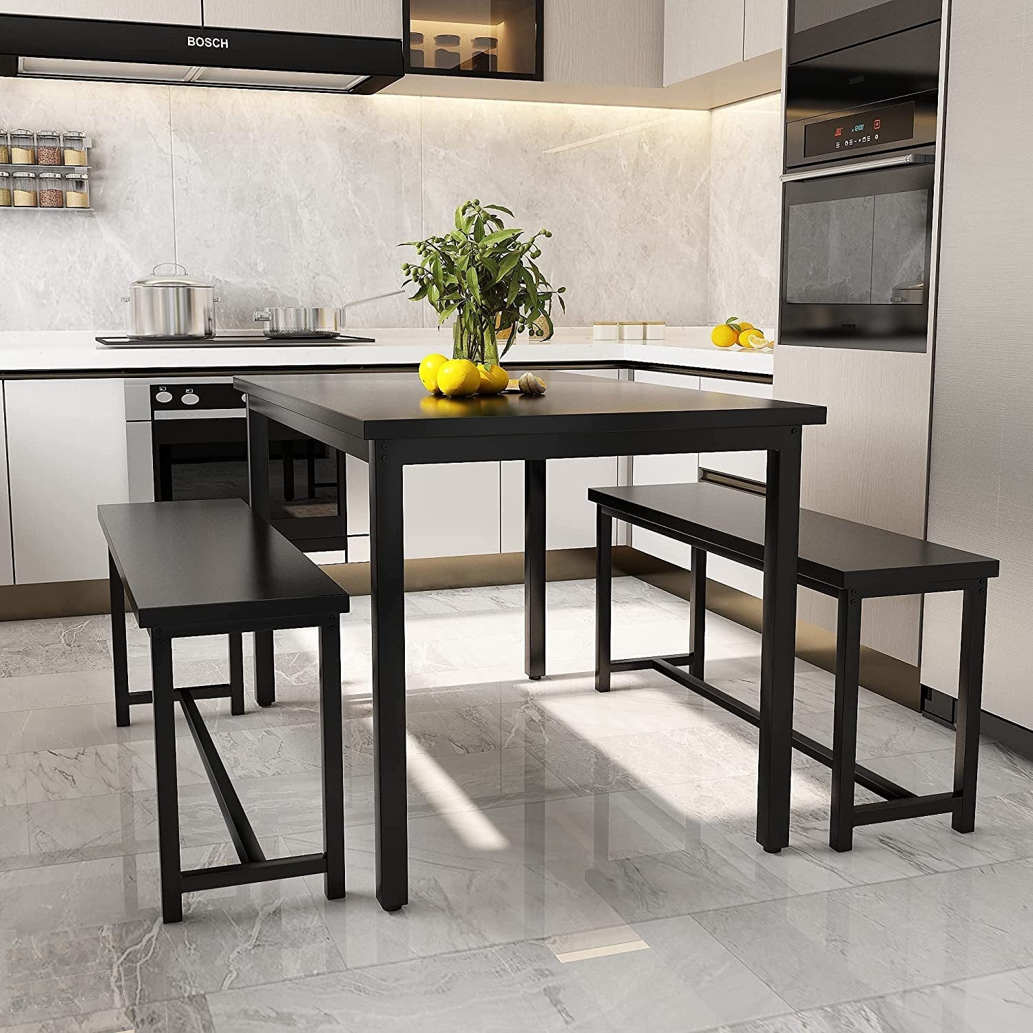 3-Piece Dining Table Set with 2 Benches, Sturdy Structure-4