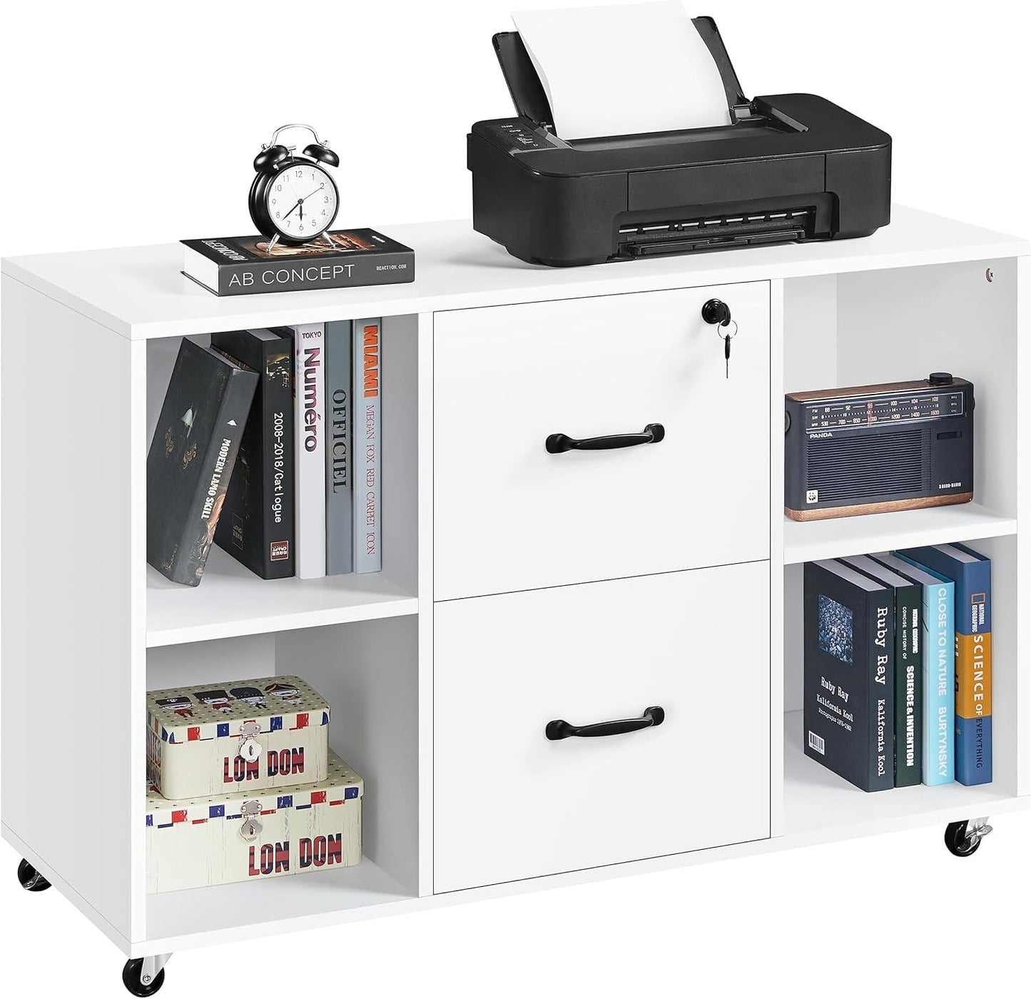 White File Cabinet Mobile Letter Size File Cabinet with 2 Drawers and 4 Open Storage Shelves Large Mobile Lateral Filing Cabinet Printer Stand for Home and Office-0