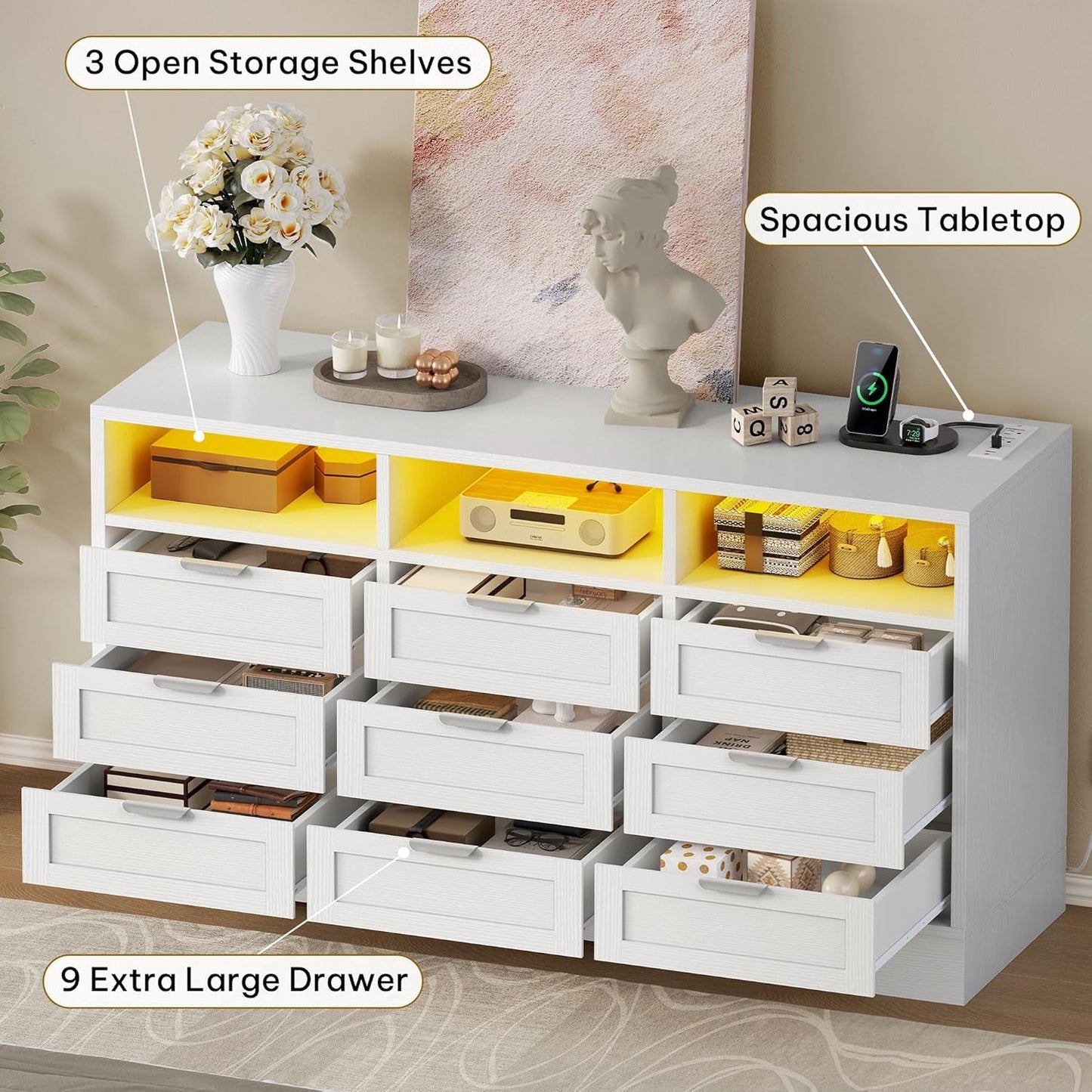 9 Drawer Double Dresser with LED Ligh, Modern Chests of Drawers with Power Outlet, High White Storage Dresser with Charging Station-White-4
