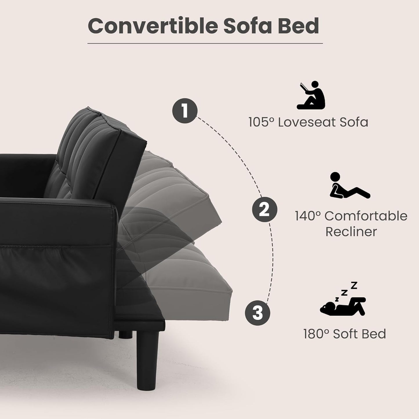 Faux Leather Futon Couch, Convertible Sofa Bed with Adjustable Back, Modern Sleeper Sofa for Living Room, Black-2