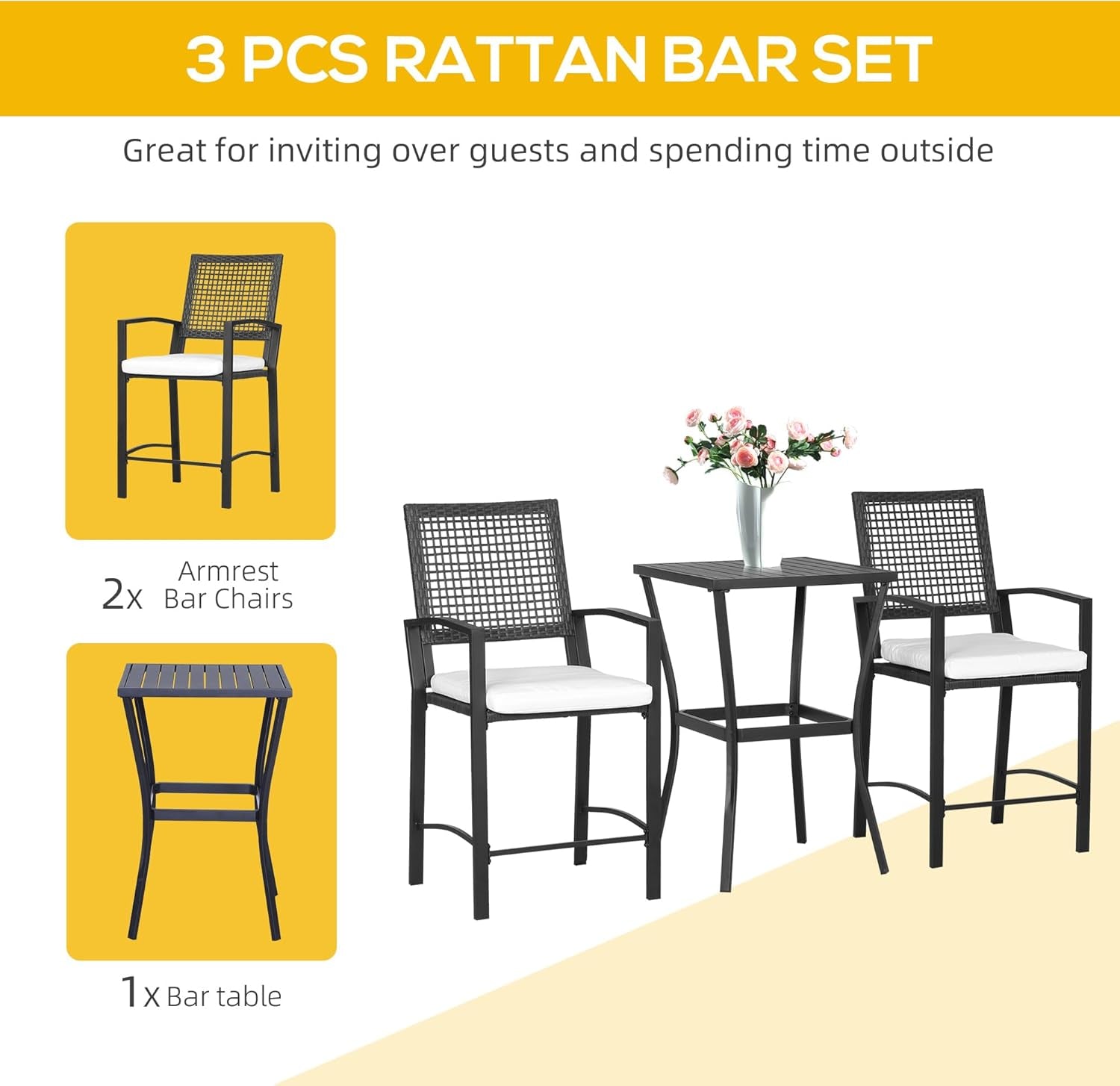 3Pcs Patio Bar Set with Soft Cushion, Rattan Wicker Outdoor Furniture Set for Backyards, Lawn, Deck, Poolside-2