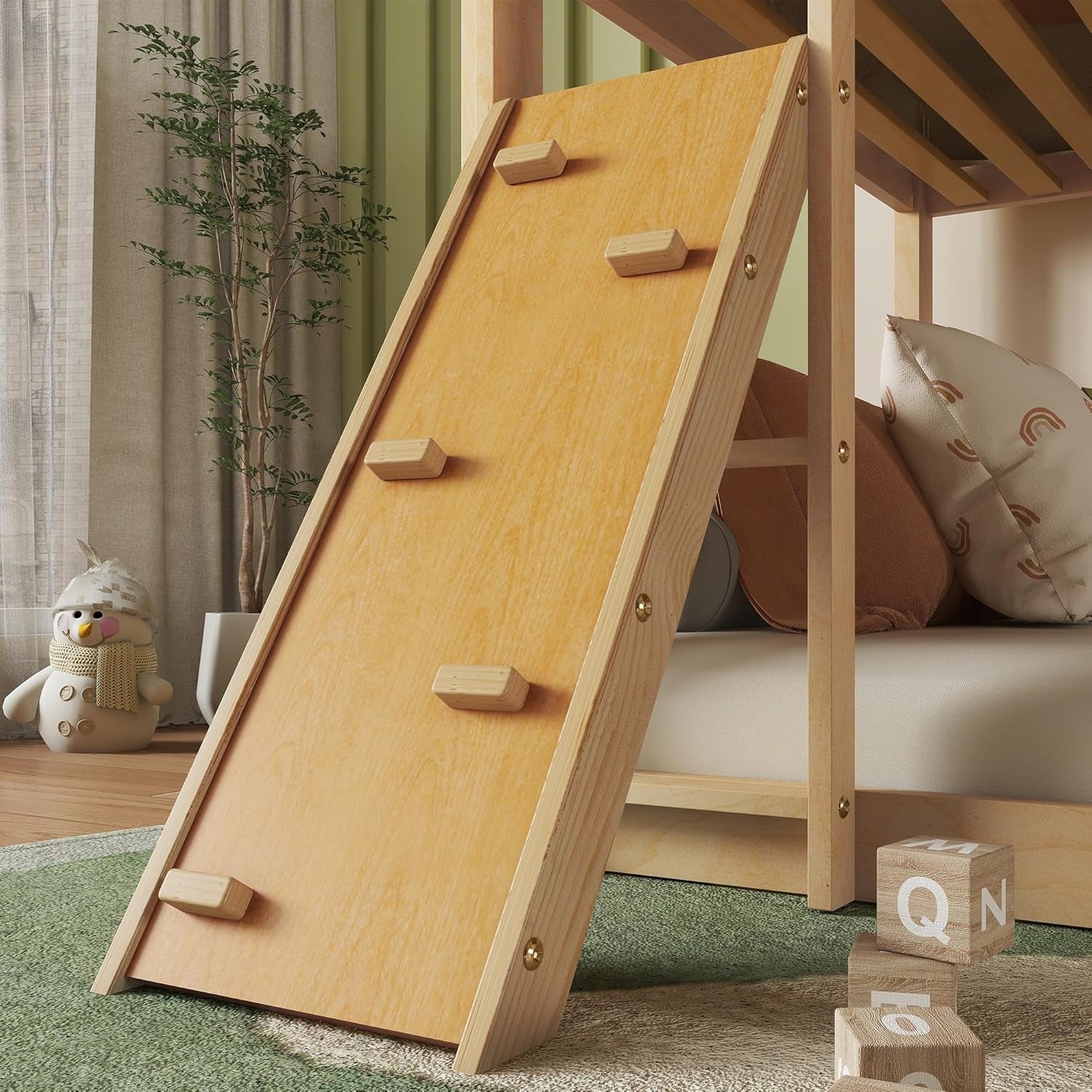 Twin over Twin Bunk Bed, Solid Wood Loft Bed Frame with Climbing Ramp and Ladder, Stable Bunk Bed with Guardrail, Modern Floor Bed for Teens and Adults, Easy to Assemble, Natural-3