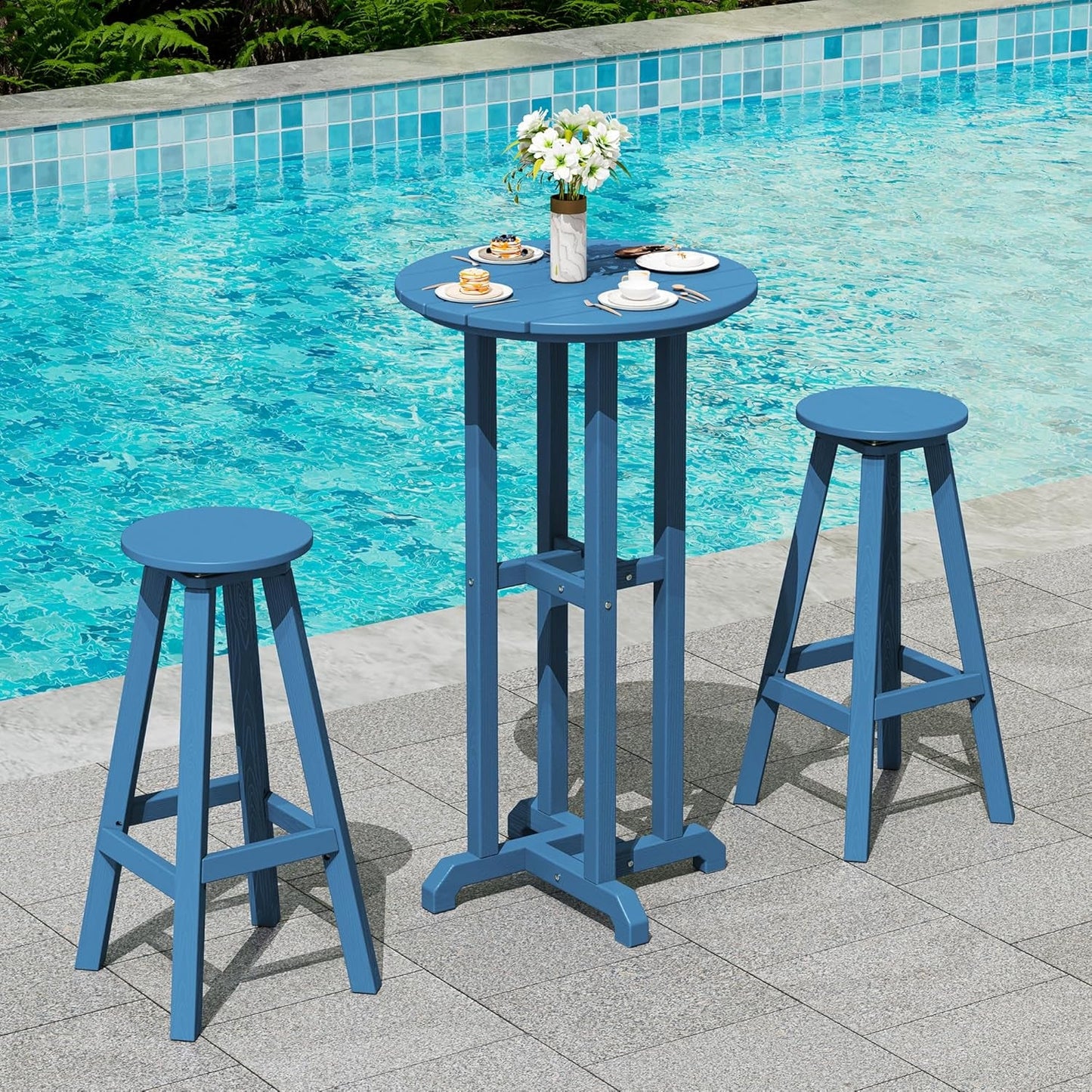 Outdoor Bar Table and Chairs Set, round Bar Table with 2 Swivel Bar Stools, Blue-0