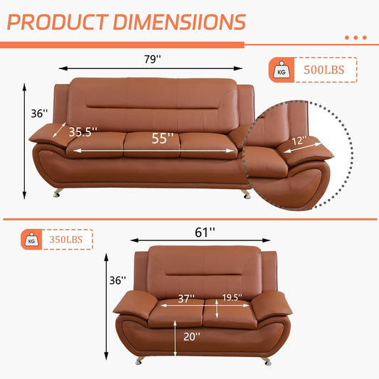 Faux Leather 2 Piece Sofa Set, Modern Orange Living Room Couch and Loveseat with Solid Wood Frames, Foam Filled, Button Tufted-1