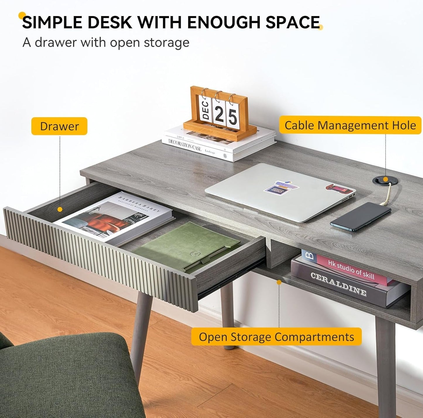 Office Desk Mid Century Modern Desk Writing Desk with Drawer Simple Home Office Desk Mid Century Desk, Grey-3