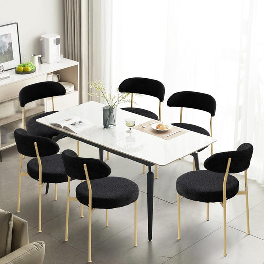 Dining Chairs, Black Boucle Dining Chairs Set of 6, Kitchen Dining Room Chairs Curved Backrest Upholstered Mid Century Modern Dining Chairs with Golden Metal Legs-0