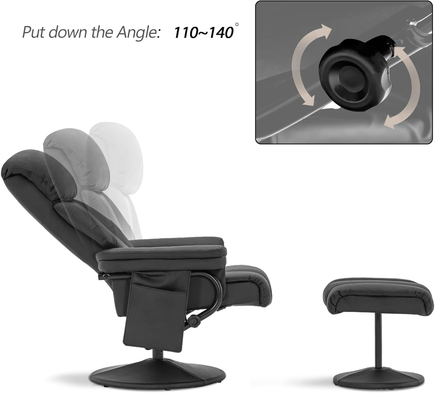 Swivel Recliner with Ottoman, TV Chair with Vibration Massage, Ideal for RV Small Space, Living Room & Bedroom 4539 4828 (Faux Leather, Black)-4