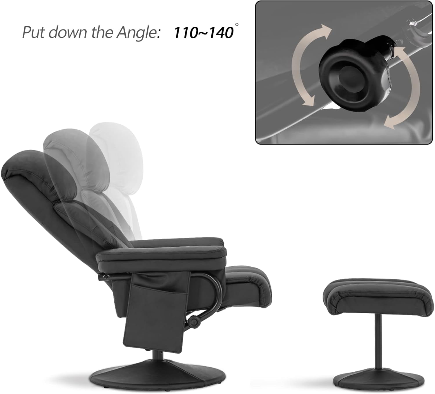 Swivel Recliner with Ottoman, TV Chair with Vibration Massage, Ideal for RV Small Space, Living Room & Bedroom 4539 4828 (Faux Leather, Black)-4