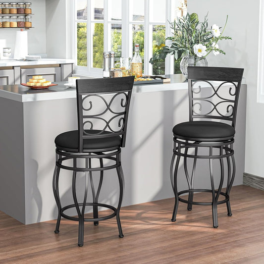 26" Swivel Bar Stools Set of 2, Counter Height Bar Stools with Back, Upholstered PU Leather Seat, Footrest, Max Load 330Lbs, Vintage Metal Barstools for Kitchen Island, Dining Room, Pub, Black-1