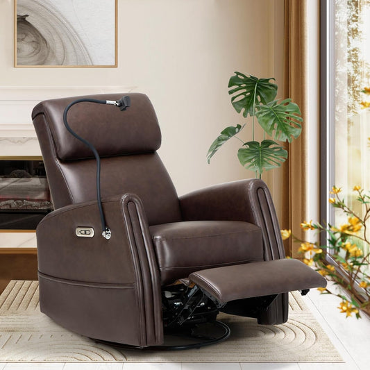 Power Recliner Chair Swivel Glider Rocker for Nursery, Upholstered Faux Leather Living Room Rocking Reclining Single Sofa Chair with 2 Device Holders, Chocolate-0