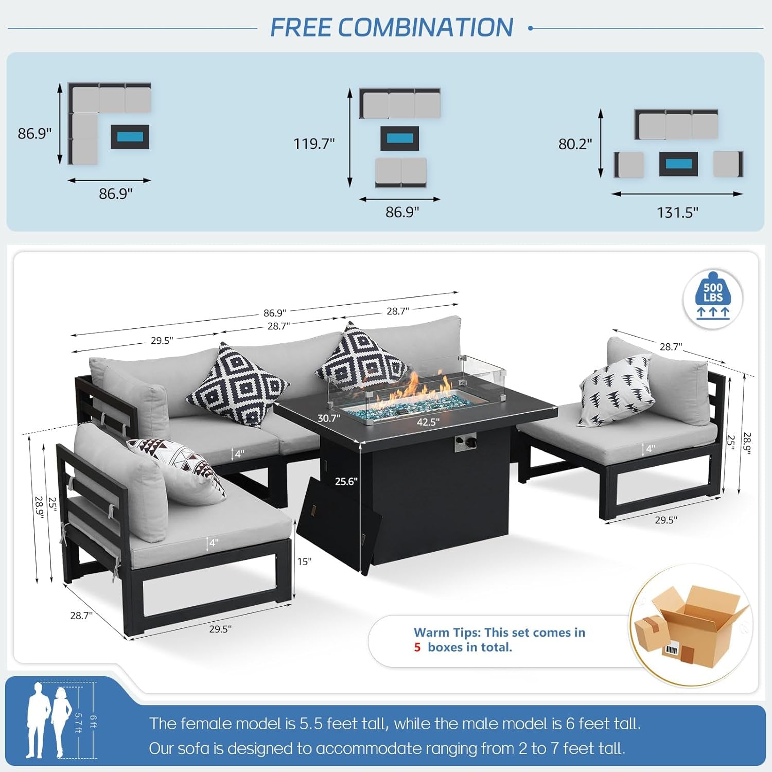 ® Modern Large Grey Aluminum Outdoor Patio Furniture Set with Fire Pit Table, 29'' Deep Wide Seating Conversation Sofa L Shaped Sectional Couch Set (6 Pieces, 5 Seats)-3
