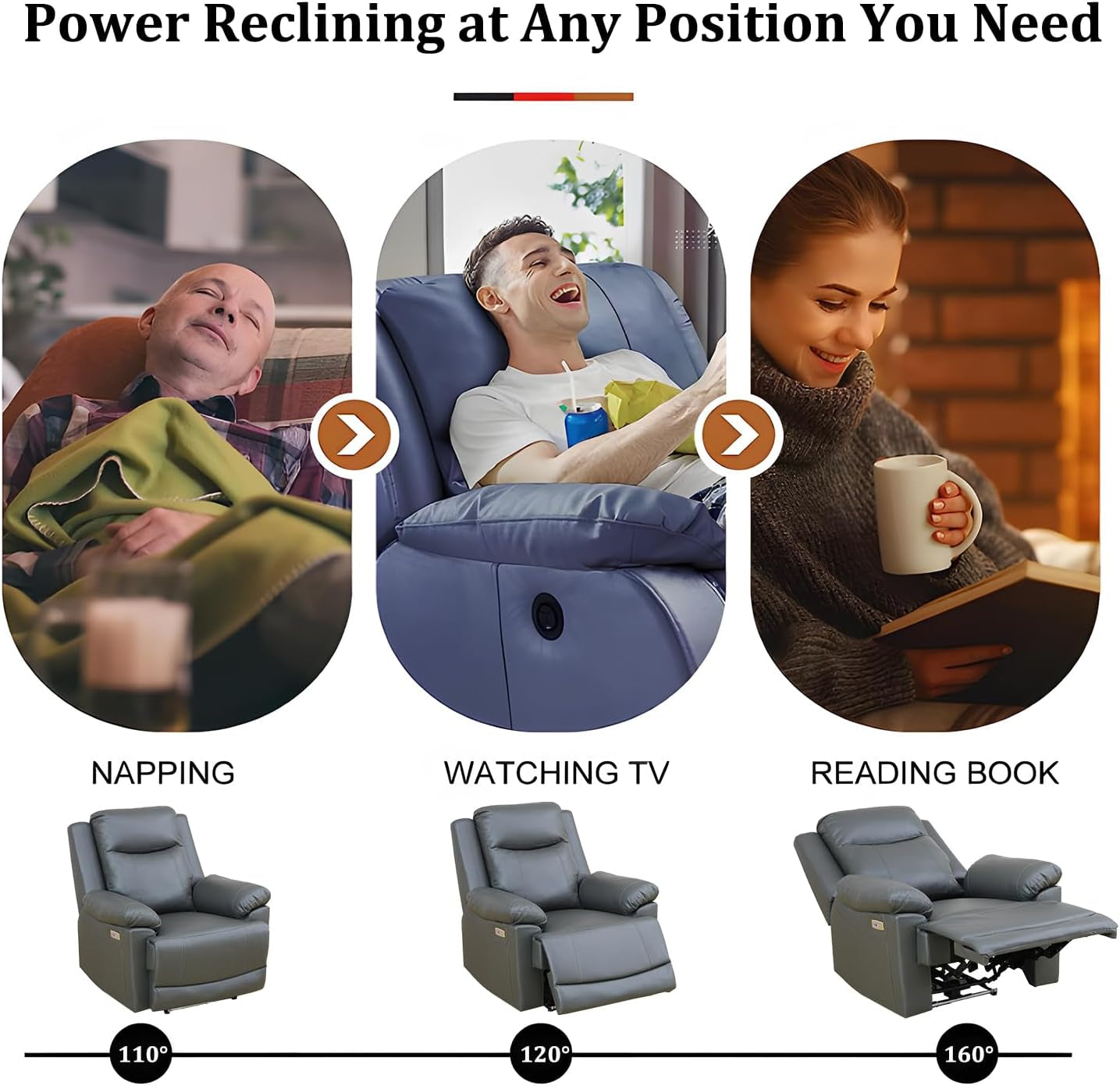 Leather Power Recliner Sofa Set with LED, Power Reclining Living Room Set, Leather Sofa Couch Set with USB Port/Cup Holder/Storage (Leather Sofa and Chair Set, Dark Grey)-2