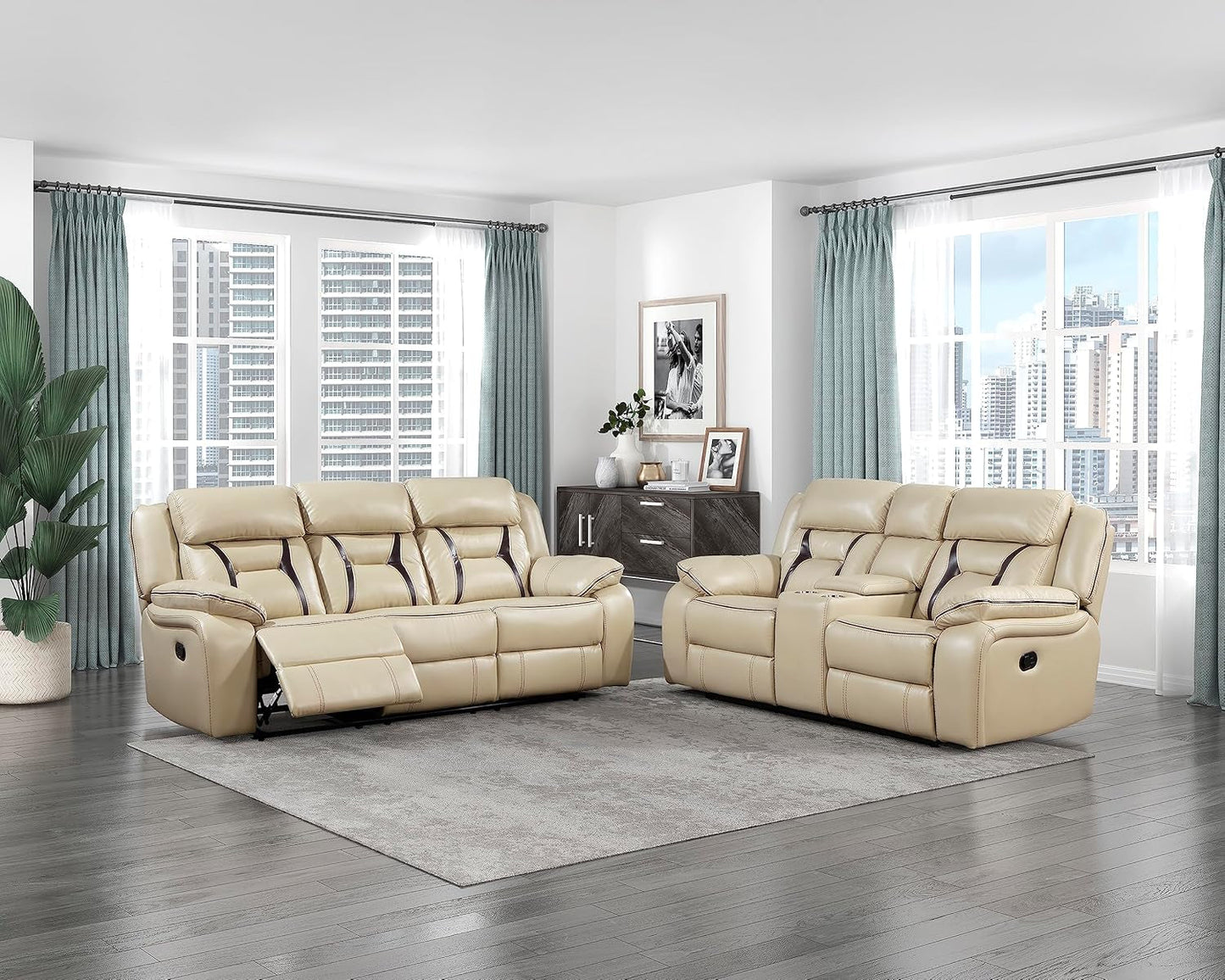 Recliner Living Room Set, Wall Hugger Manual Recliner Sofas, Couches for Living Room, Home Theater Seating, Includes Reclining Sofa and Loveseat, 2-Piece Couch Set, Beige-0