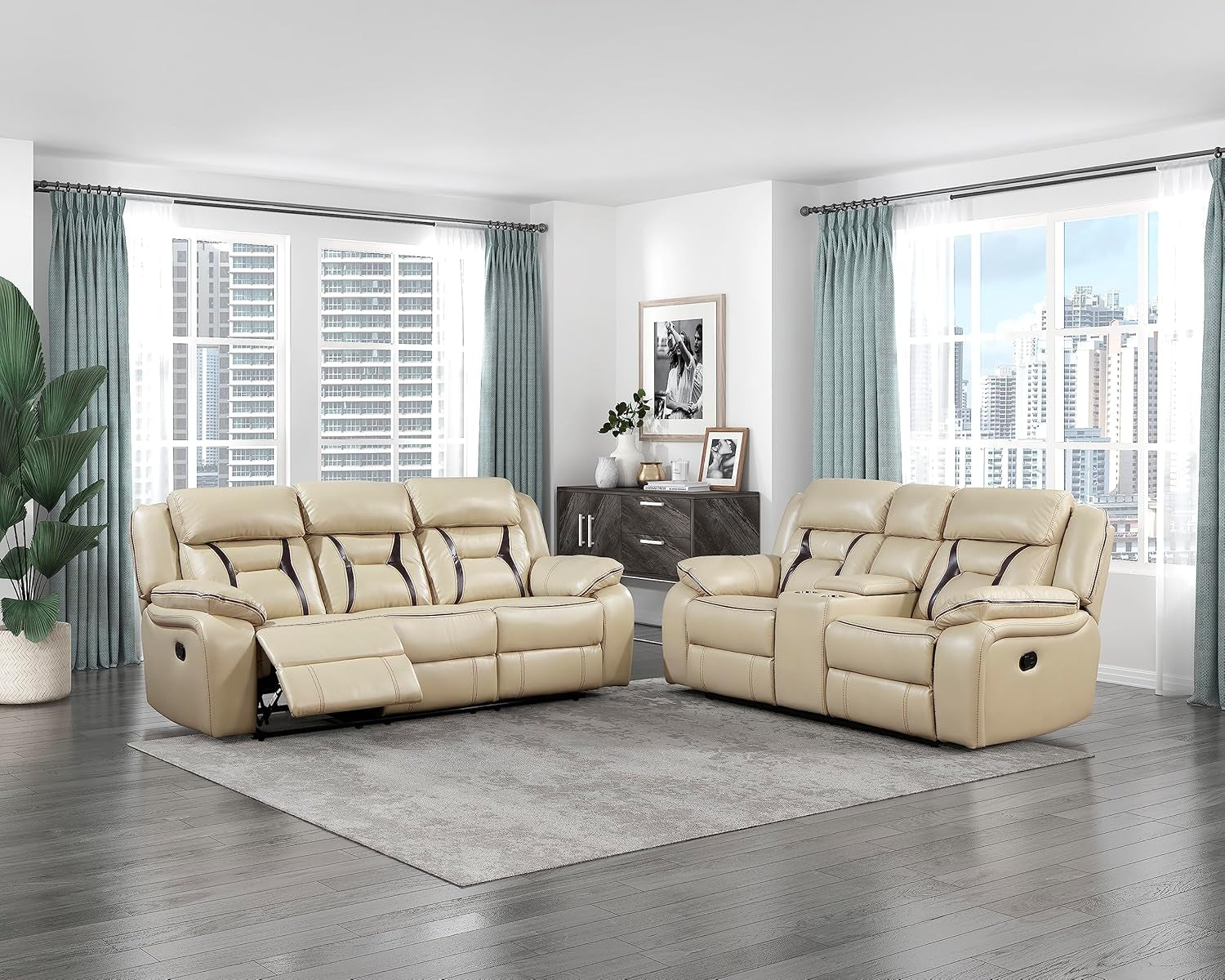 Recliner Living Room Set, Wall Hugger Manual Recliner Sofas, Couches for Living Room, Home Theater Seating, Includes Reclining Sofa and Loveseat, 2-Piece Couch Set, Beige-0