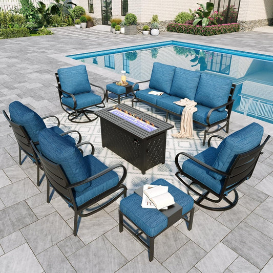 Patio Furniture Sets for 9 with 45" Gas Fire Pit Table Outdoor Conversation Sets, 2Xsofa Chairs, 2Xswivel Cushion Chairs, 1X3-Seat Sofa, 2Xottomans for Porch Poolside Peacock Blue-0
