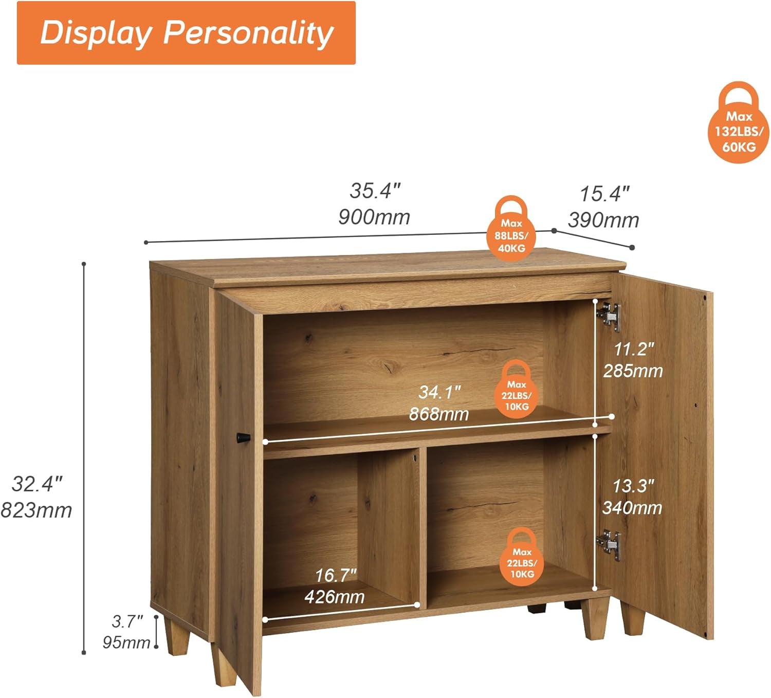 Oak Brown 35" Wide Sideboard Buffet Storage Cabinet-2