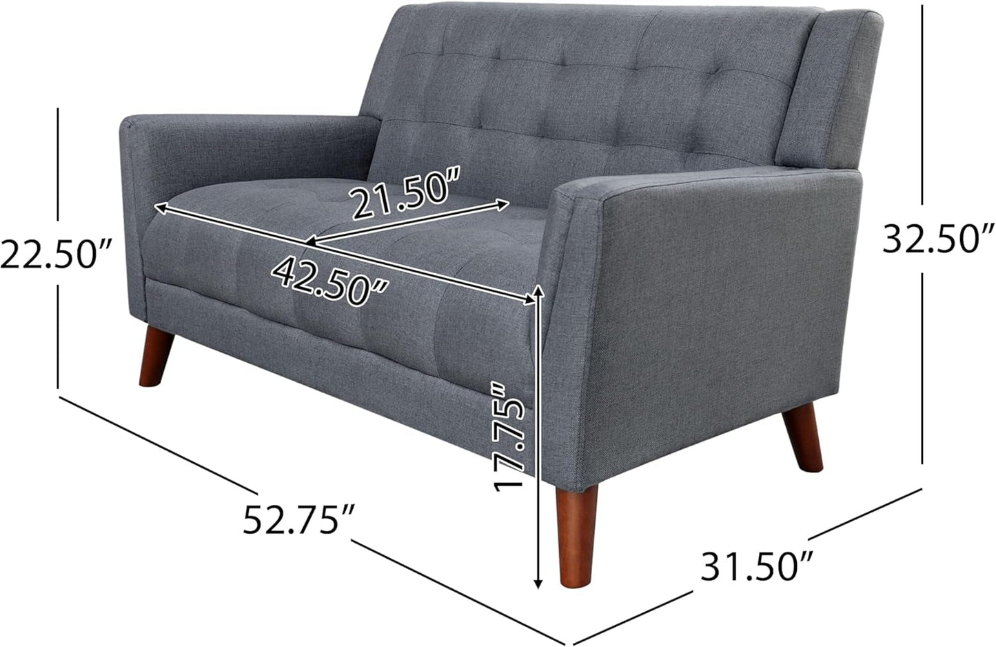 Gdfstudio Mid Century Modern Fabric Arm Chair and Loveseat Set, Dark Gray-2