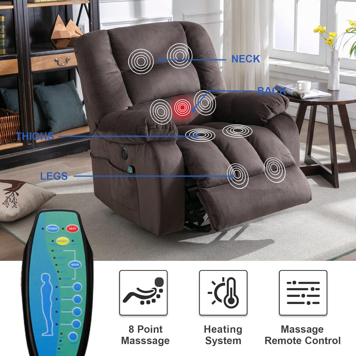 Big Power Lift Recliner Chair Wide Electric Massage Recliners for Elderly Fabric Living Room Overstuffed Reclining Chair for Adults with Heated Vibration, USB Ports, Massage Remote Control Brown-2
