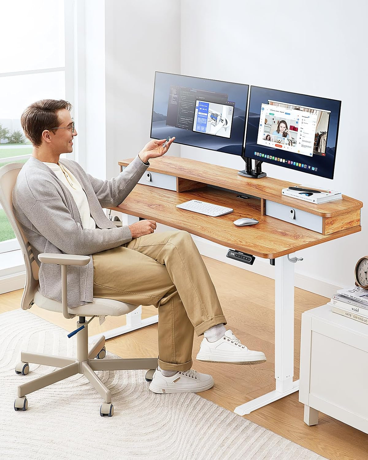 48″ X 24″ Electric Standing Desk with 2 Drawers, C-Clamp Mount Compatible, Height Adjustable Computer Desk, Home Office Stand up Desk with 4 Preset Heights & 2 Hooks, Light Vintage-1